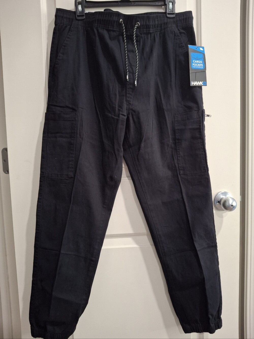 Tony Hawk Mens Black Black Patch Cargo Jogger Pants with Drawstring Size L NWT